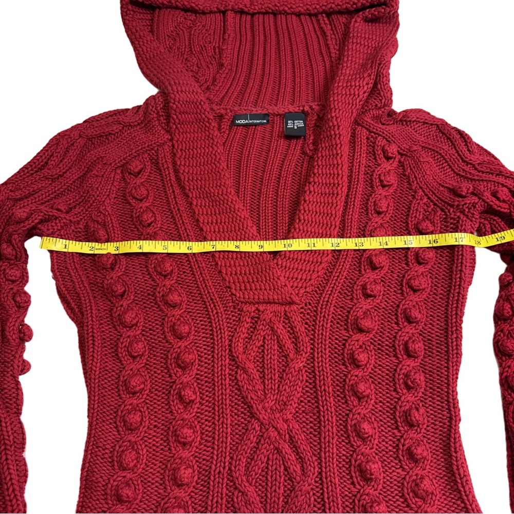 Moda International Red Cable Knit Hooded Sweater Small V Neck Pullover Vintage - Picture 6 of 8